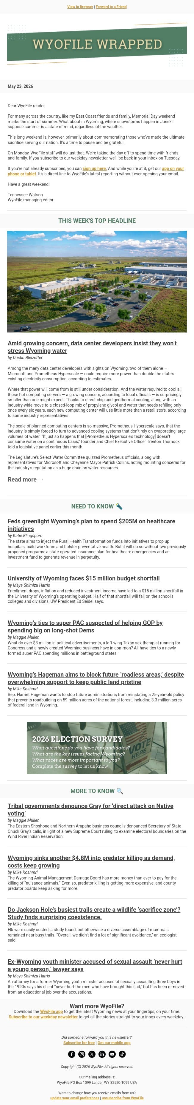 Wrapped — Data center concerns | UW budget woes | Conflict and coexistence email from WyoFile screenshot