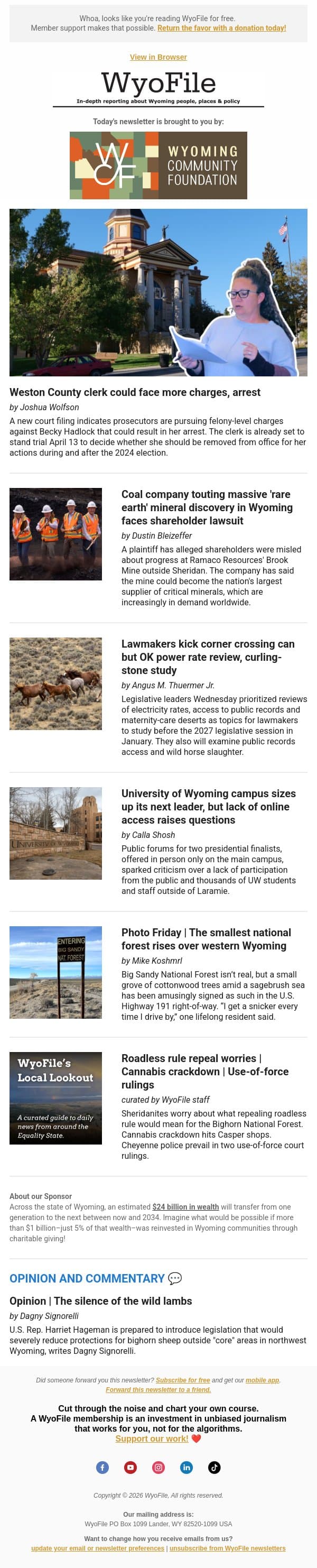Clerk faces possible arrest | Ramaco shareholder lawsuit | Lawmakers' next move email from WyoFile screenshot