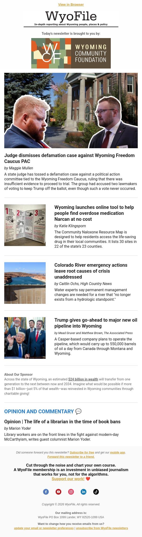 Defamation case dismissed | Narcan map | Colorado River crisis email from WyoFile screenshot