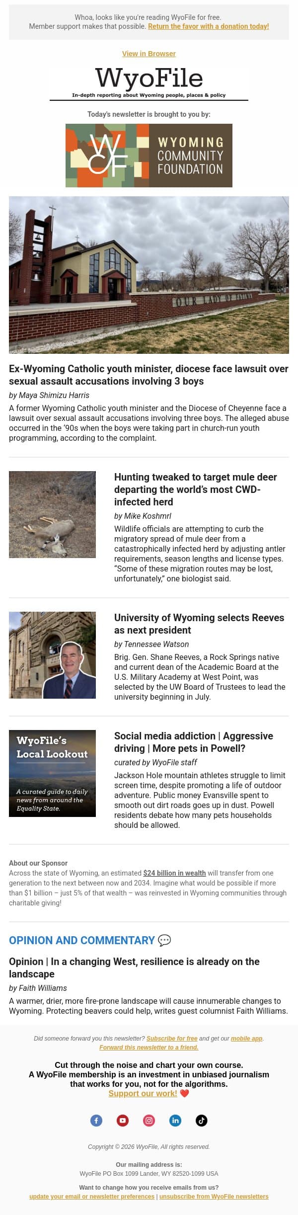 Clergy abuse allegations | Targeting CWD | Reeves to lead UW email from WyoFile screenshot