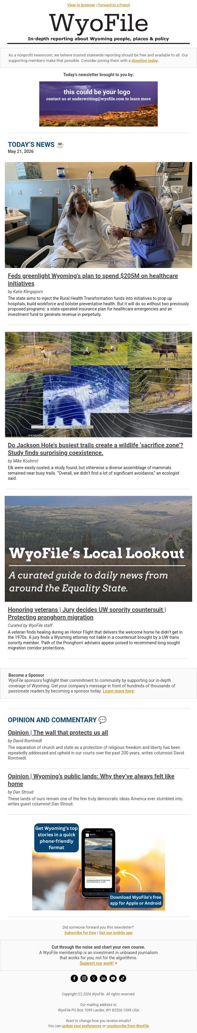 Rural healthcare dollars | Wildlife and outdoor rec | Honoring veterans email from WyoFile screenshot