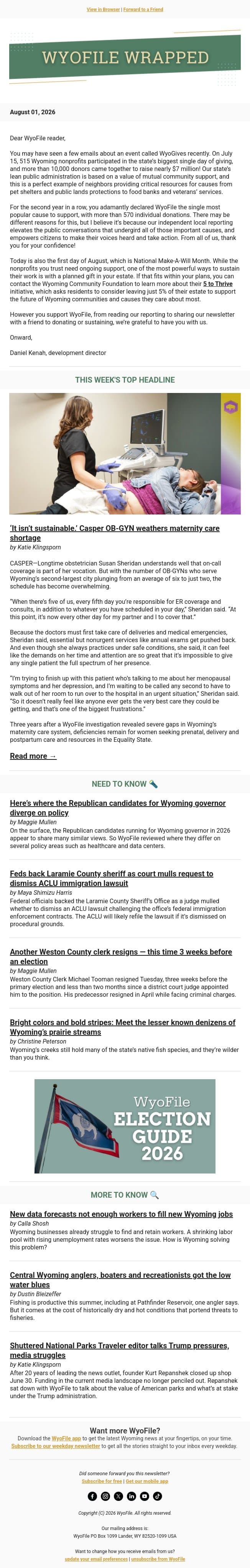 Wrapped — Maternity care shortage | GOP candidate differences | WyoGives email from WyoFile screenshot