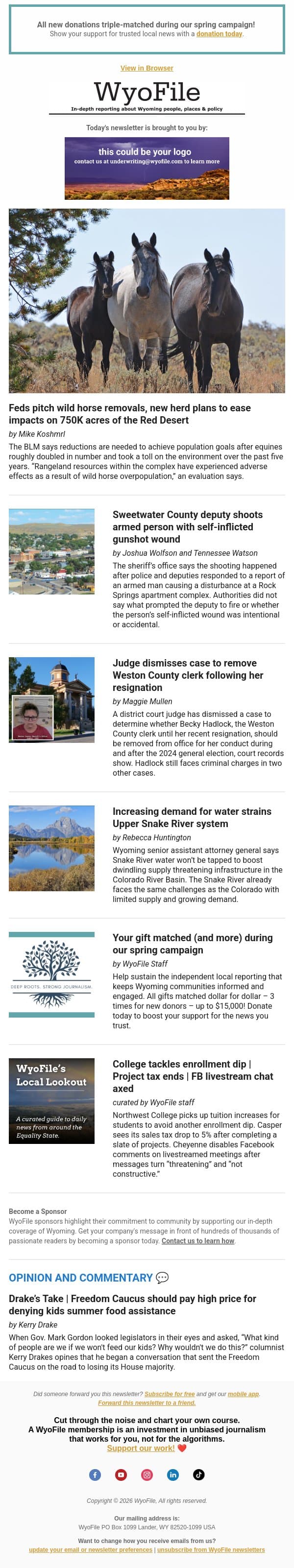 Wild horse removals | Rock Springs police shooting | Clerk case tossed | Demand strains Snake email from WyoFile screenshot