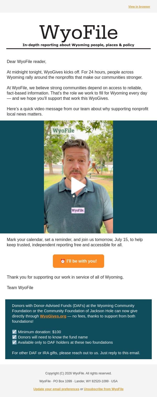 Tomorrow, Wyoming comes together email from WyoFile screenshot