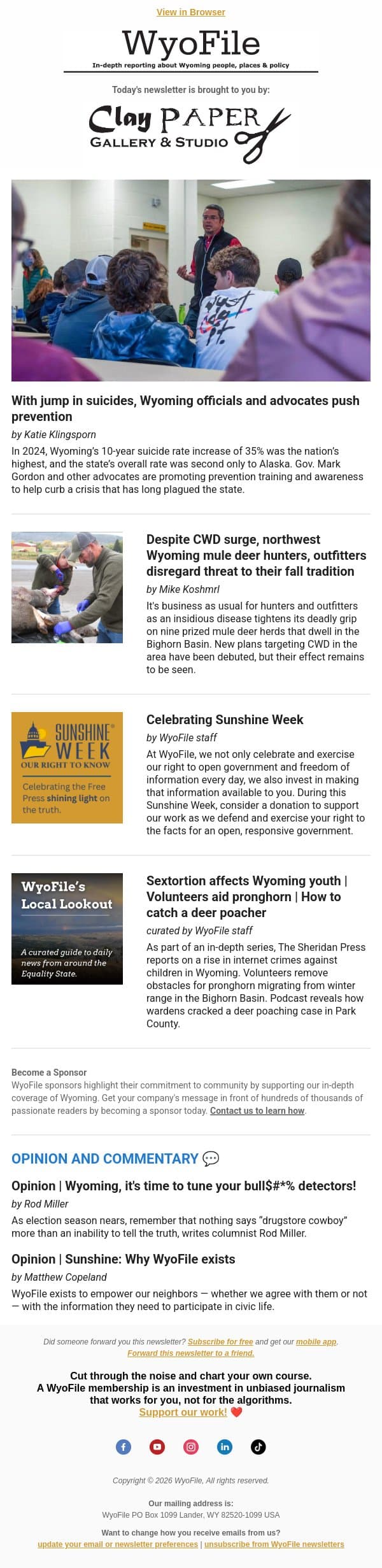 Gov. promotes suicide prevention | Bighorn Basin CWD | Why WyoFile exists email from WyoFile screenshot