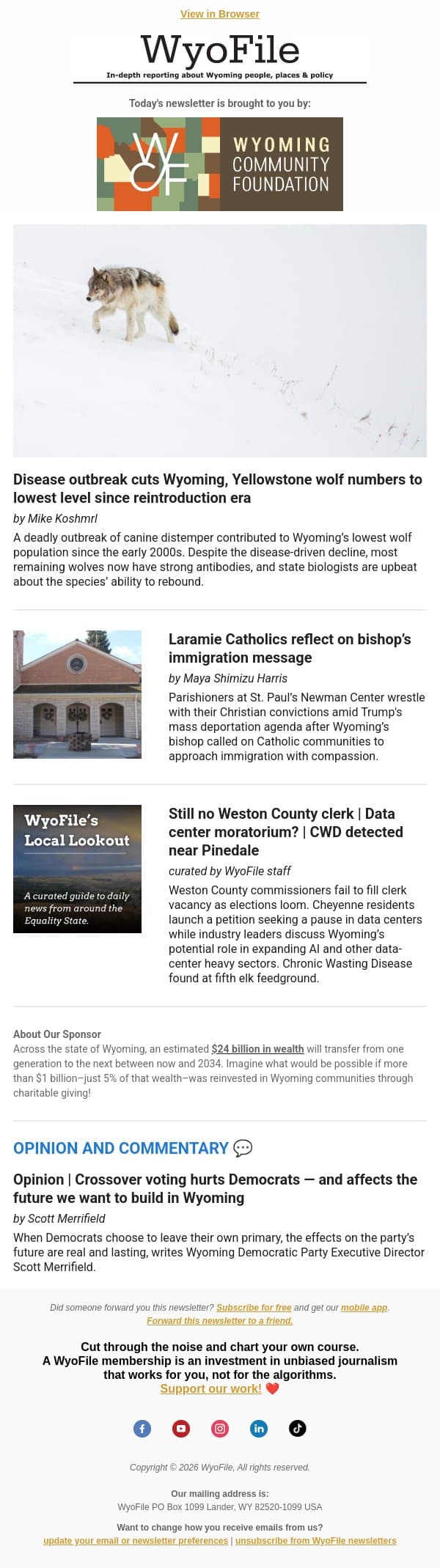 Wolf population plunges | Catholics on immigration | Still no Weston County clerk email from WyoFile screenshot