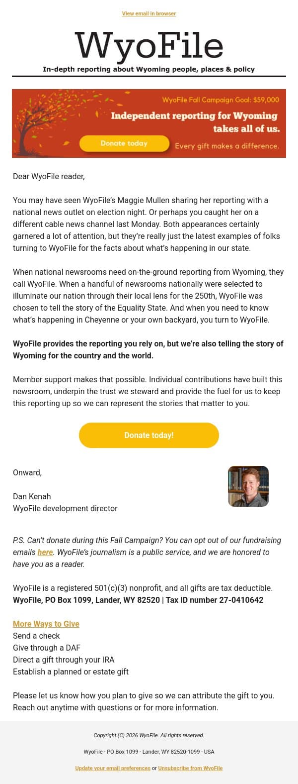 Repping Wyoming to the World email from WyoFile screenshot