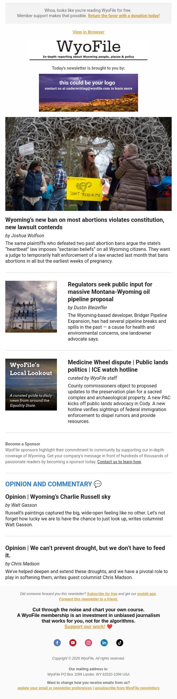 ‘Heartbeat’ law's constitutionality? | Oil pipeline proposal | ICE watch hotline email from WyoFile screenshot