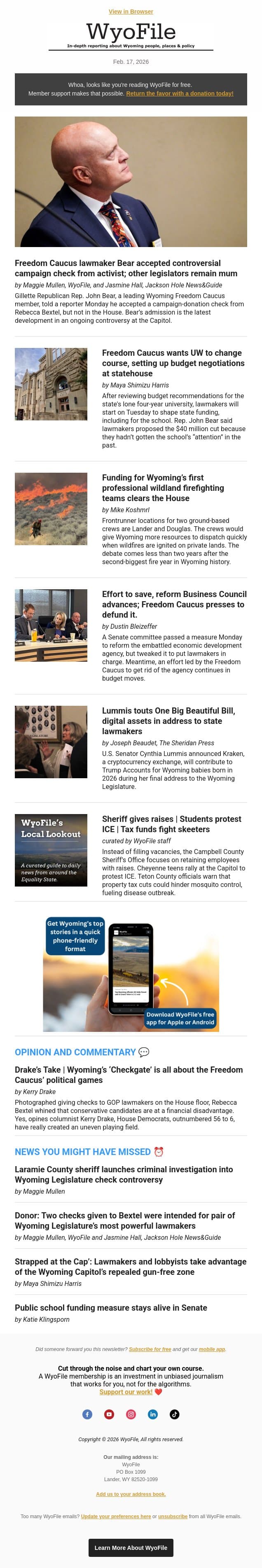 Bear accepted check | UW budget negotiations | Wildland-firefighter funding email from WyoFile screenshot