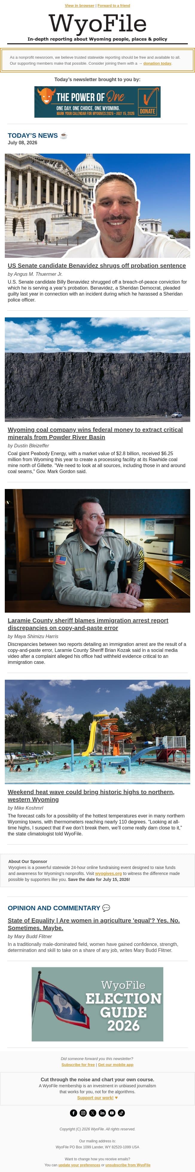 Senate forum preview | Cash for coal giant | Sheriff blames copy-paste error email from WyoFile screenshot