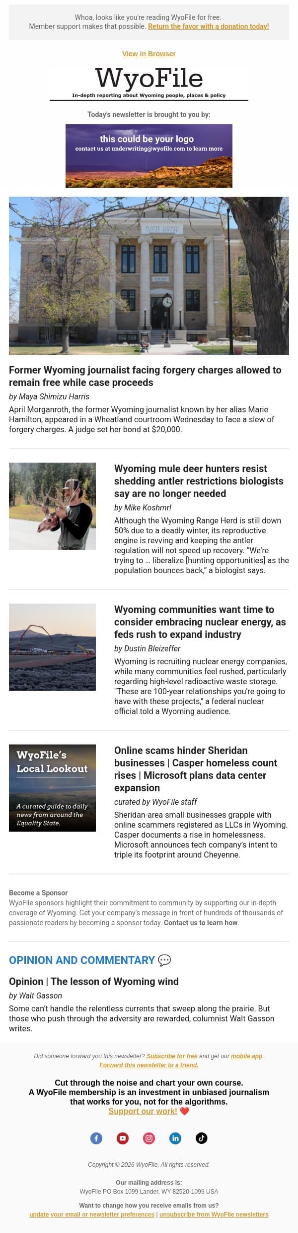 Former reporter free on bond | Hunters: Keep antler restrictions | Nuclear rush email from WyoFile screenshot