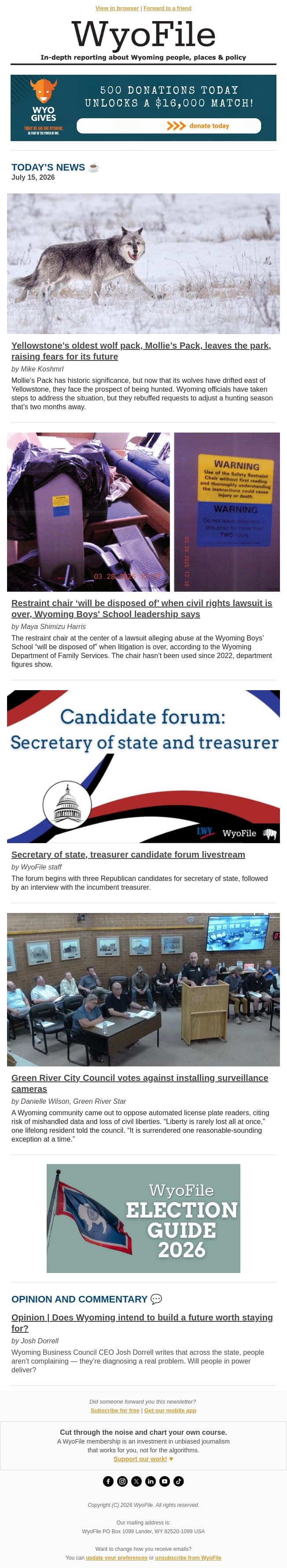 Mollie’s Pack leaves Yellowstone | Boys' School retires restraint chair | Candidate forum livestream email from WyoFile screenshot