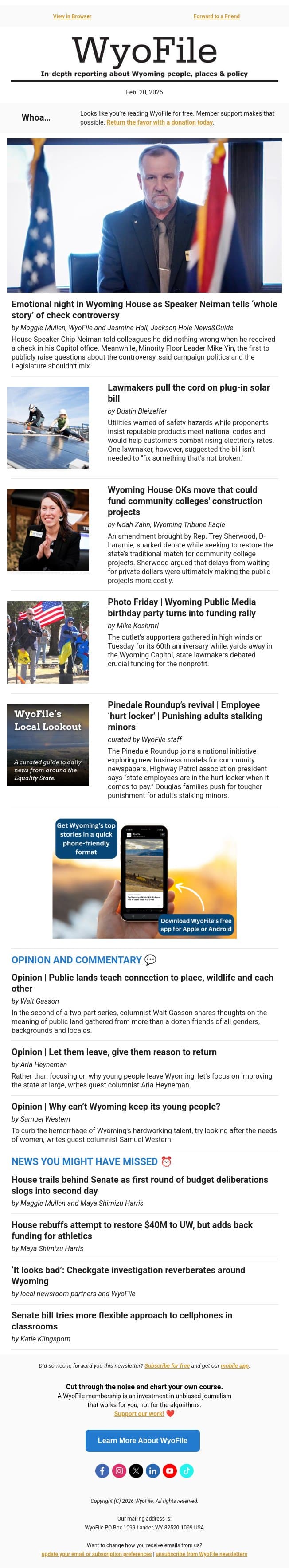 House speaker comes clean | Solar bill squashed | Community college construction email from WyoFile screenshot