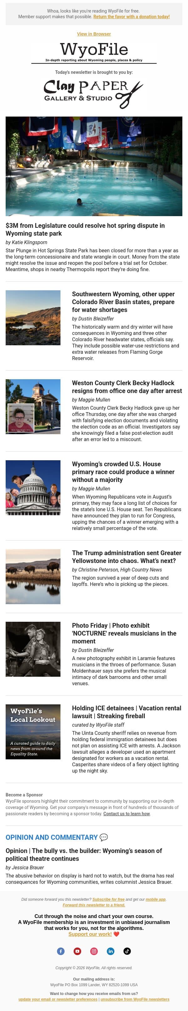 State funds could open hot spring | Water shortage | Clerk resigns after arrest email from WyoFile screenshot