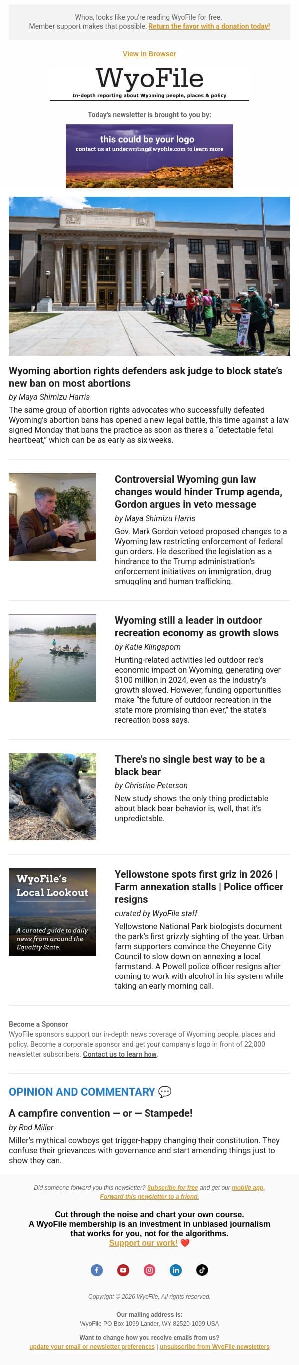 New abortion challenge | Gov. vetoes gun law | Outdoor rec growth | Black bear behavior email from WyoFile screenshot