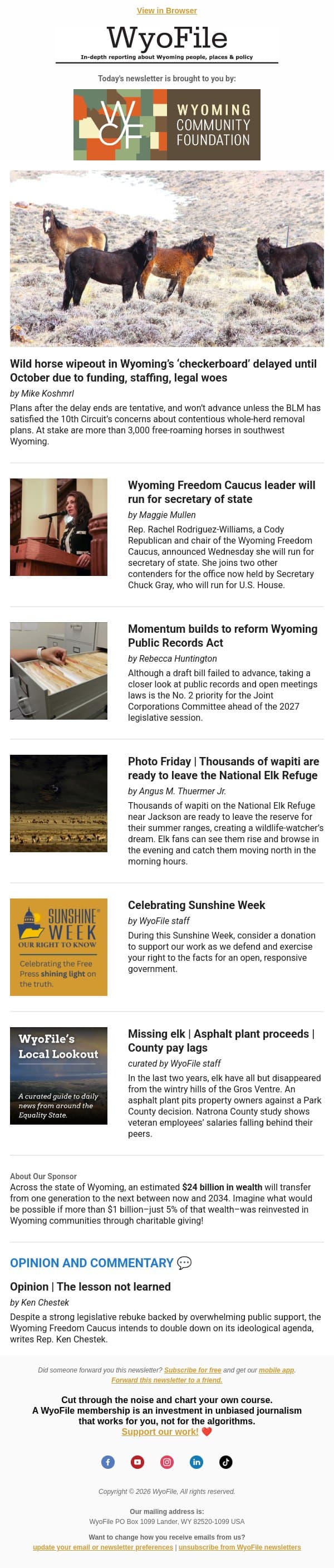 Wild horse delay | Freedom Caucus leader seeks higher office | Public records reform email from WyoFile screenshot