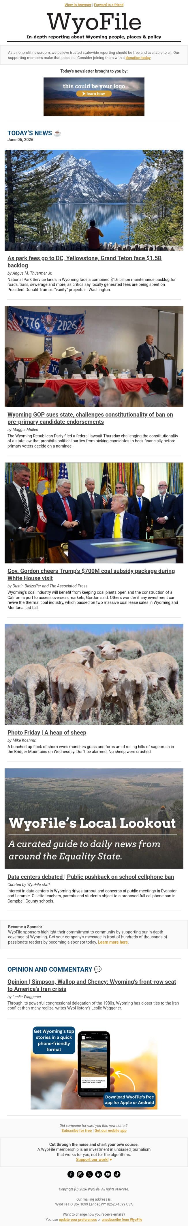 National parks backlog | GOP sues state | Trump boosts coal email from WyoFile screenshot