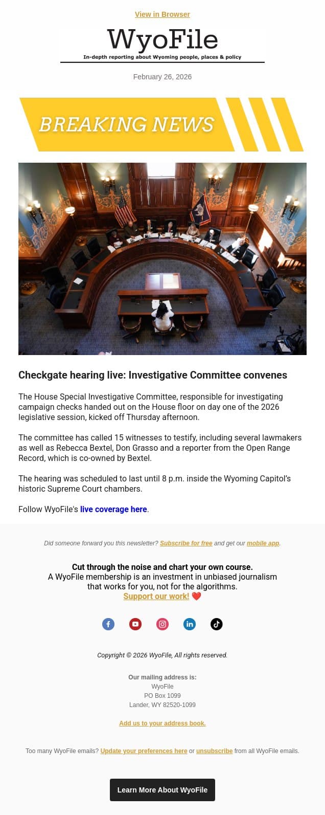 BREAKING | Checkgate committee convenes email from WyoFile screenshot