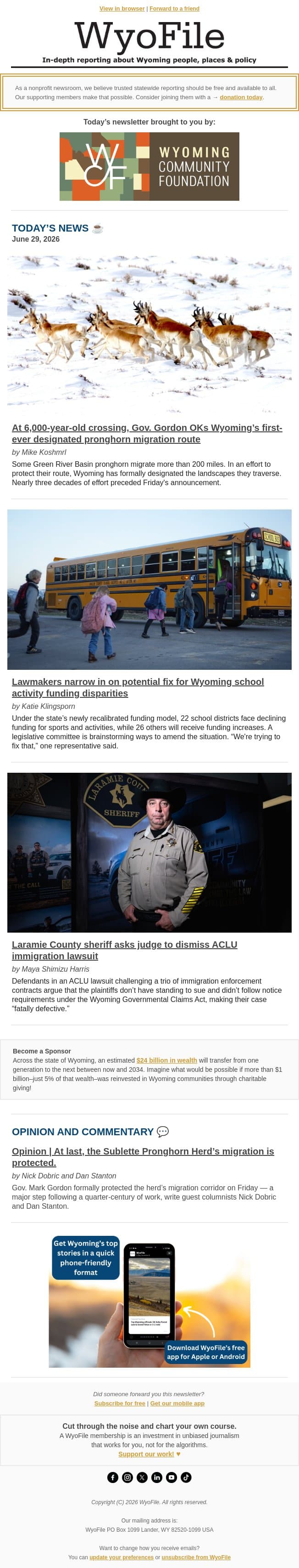 Pronghorn protections | School activities funding | Immigration lawsuit email from WyoFile screenshot