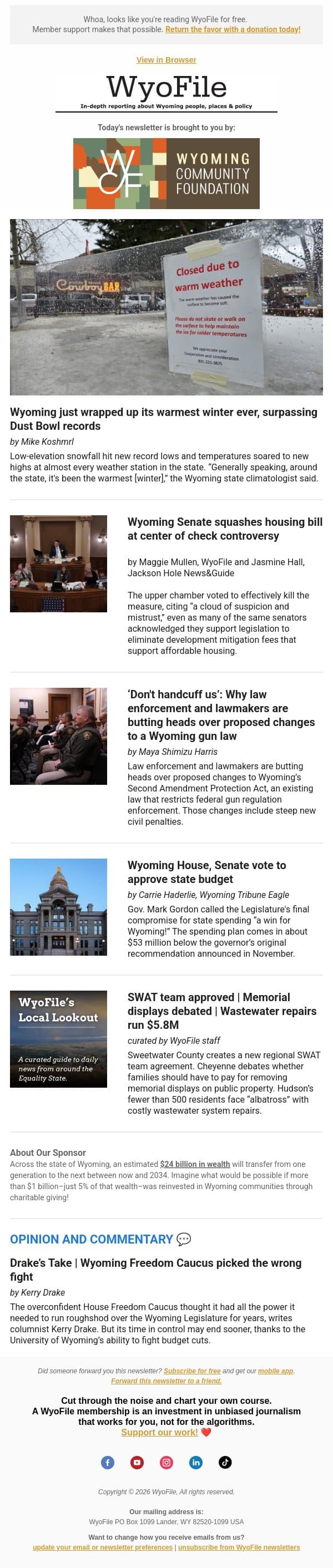 Warmest winter ever | Senate kills housing bill | Cops fight gun law | Budget compromise email from WyoFile screenshot