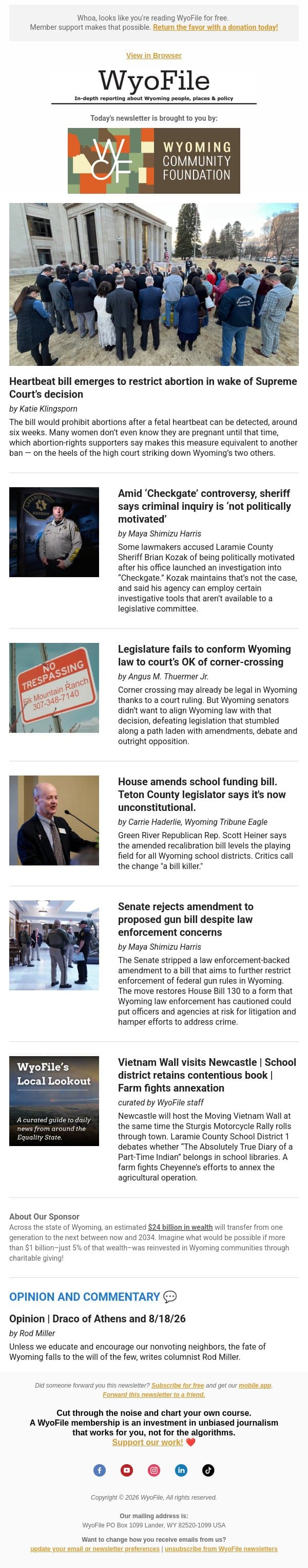 Abortion restrictions | Sheriff's check investigation | Corner-crossing bill dies email from WyoFile screenshot