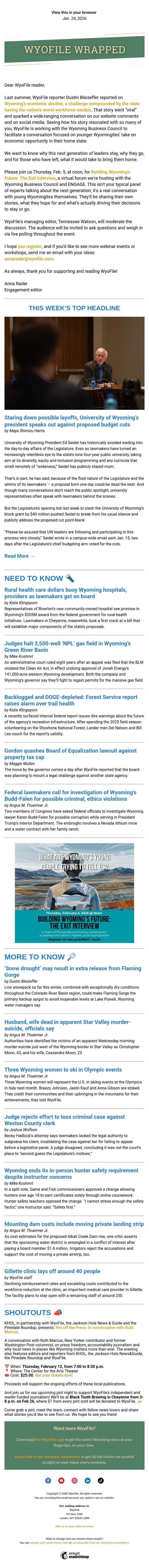 Wrapped — UW President speaks out | Rural health dollars | Judges halt massive gas field email from WyoFile screenshot