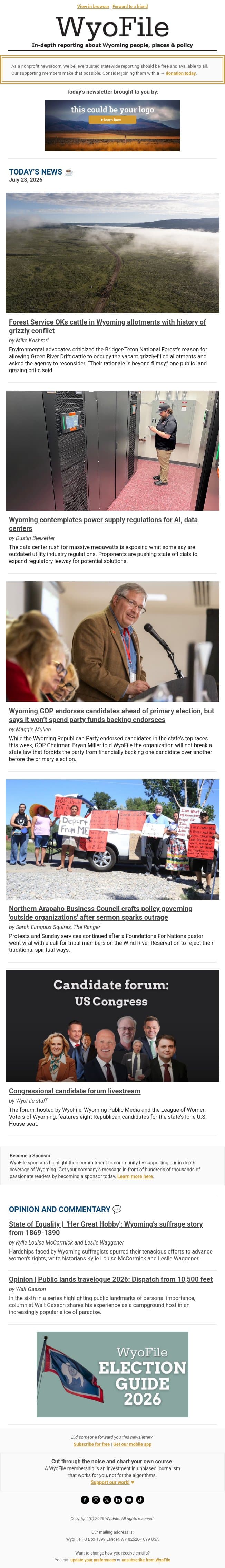 Griz country grazing | Data center regulations | GOP endorsements email from WyoFile screenshot