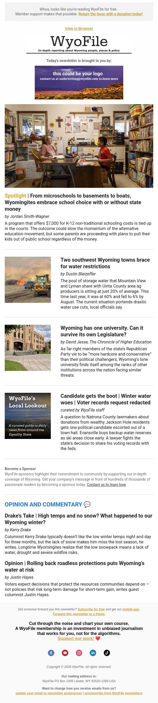 Homeschool funding | Water restrictions | UW budget email from WyoFile screenshot