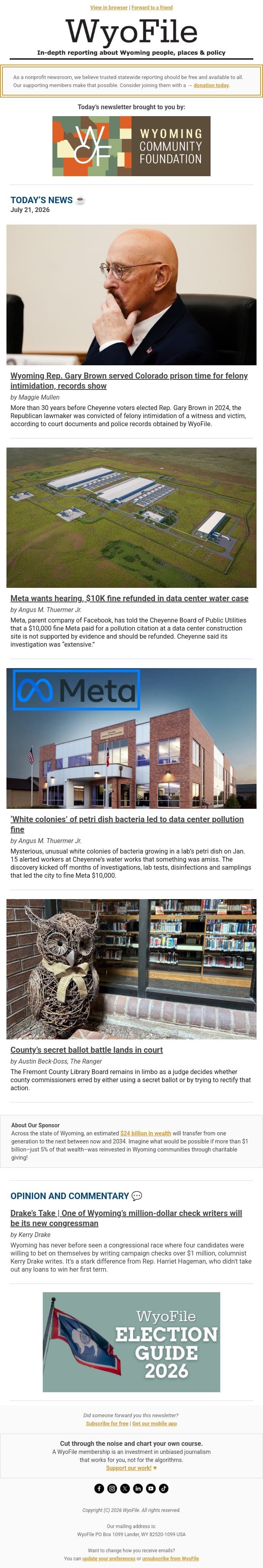 Legislator's felony record | Meta fights citation | Secret ballot battle email from WyoFile screenshot