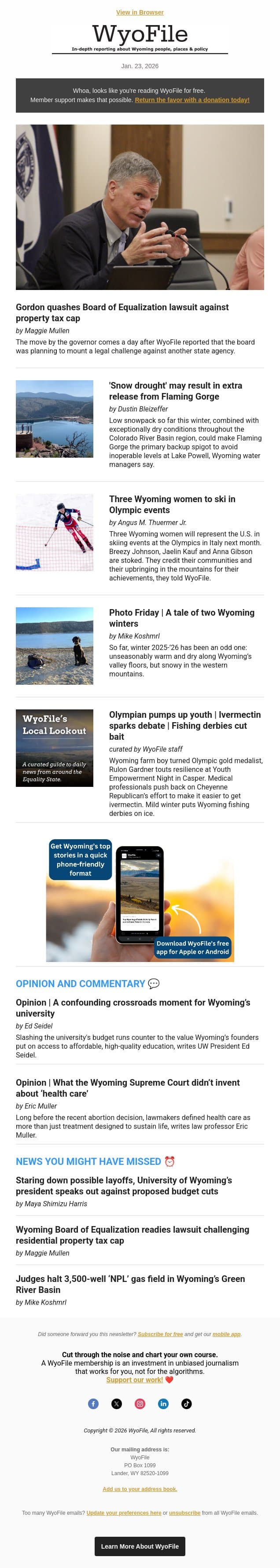 Tax lawsuit quashed | Flaming Gorge release | WyOlympians email from WyoFile screenshot