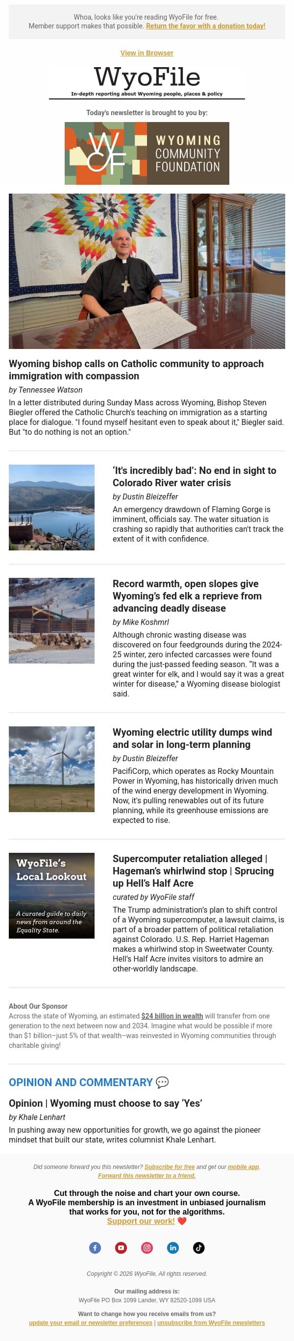 Bishop urges compassion | Flaming Gorge drawdown | Fed elk dodge CWD email from WyoFile screenshot