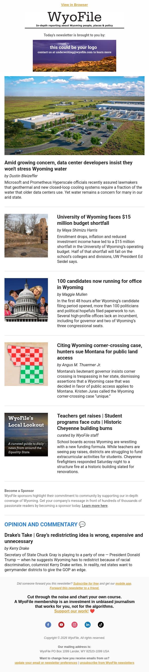 Data center concerns | UW $15M short | 100 candidates email from WyoFile screenshot