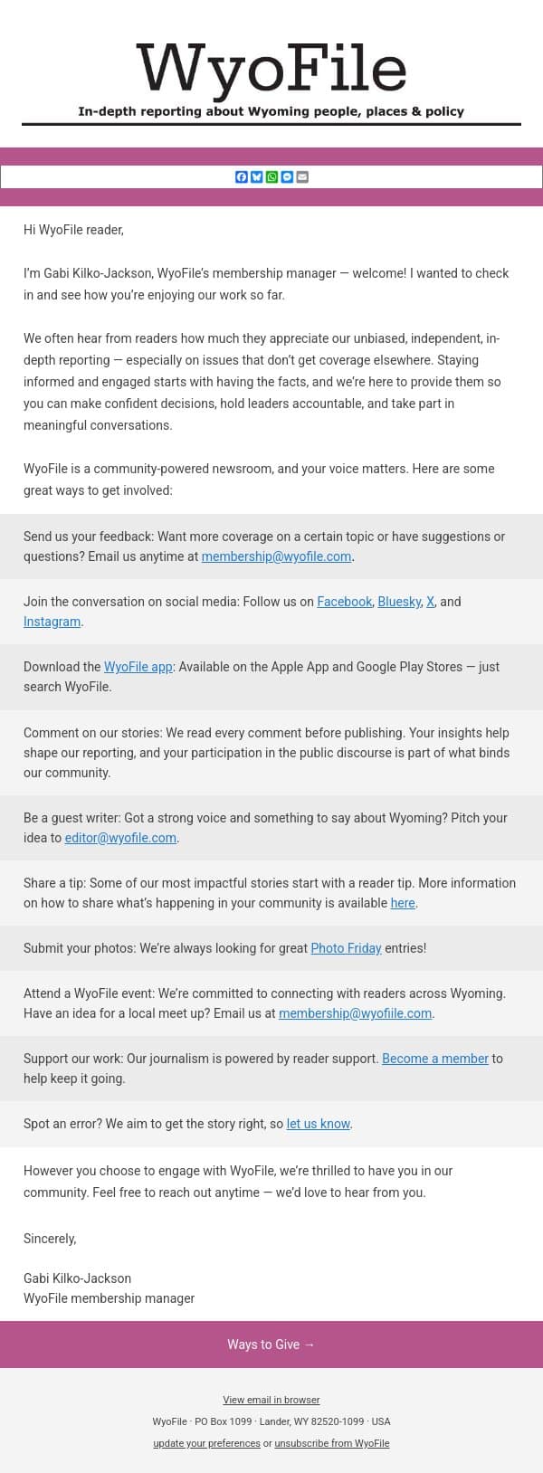 Ways To Engage email from WyoFile screenshot