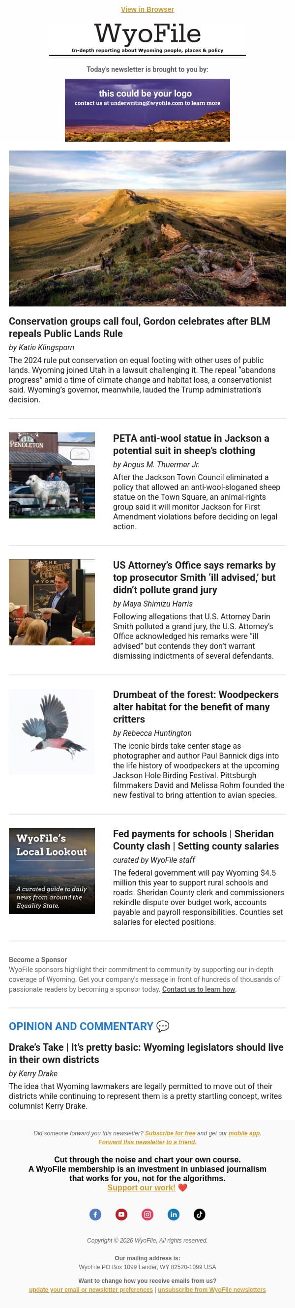 Public lands repeal | Sheep statue | ‘Ill advised’ comments email from WyoFile screenshot