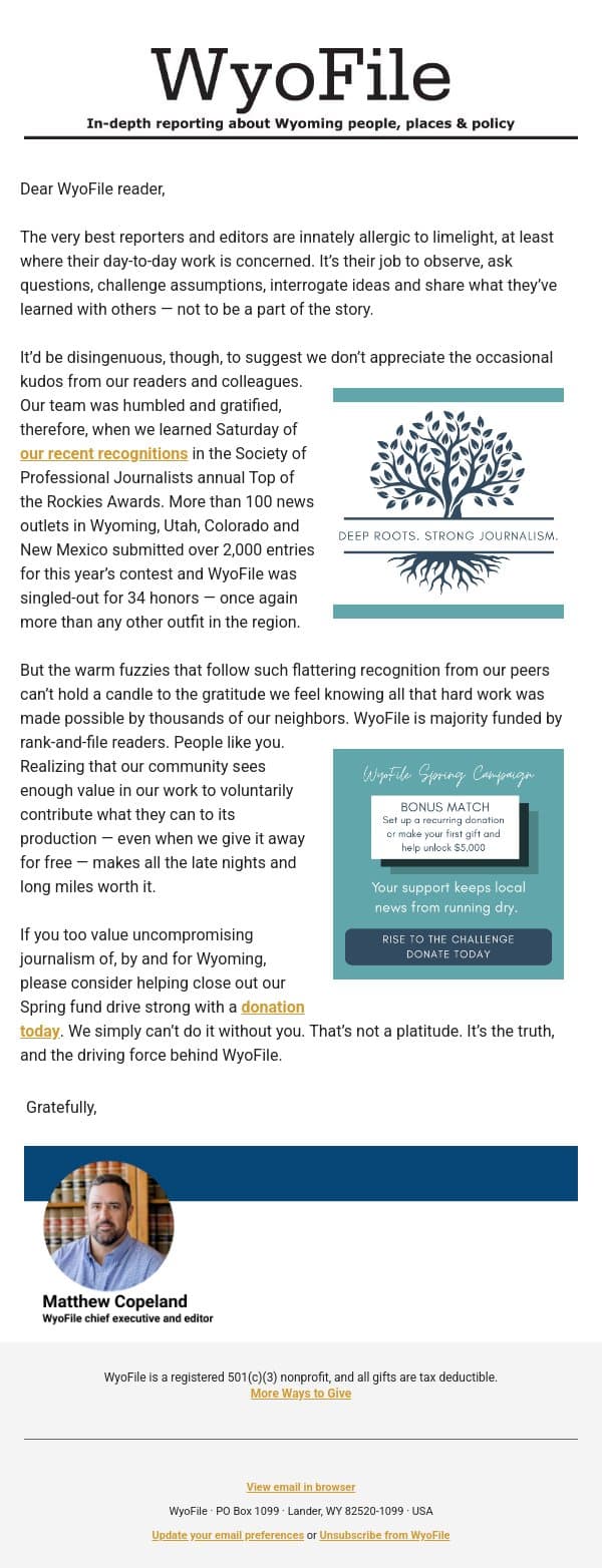 Wrapping up with warm fuzzies email from WyoFile screenshot