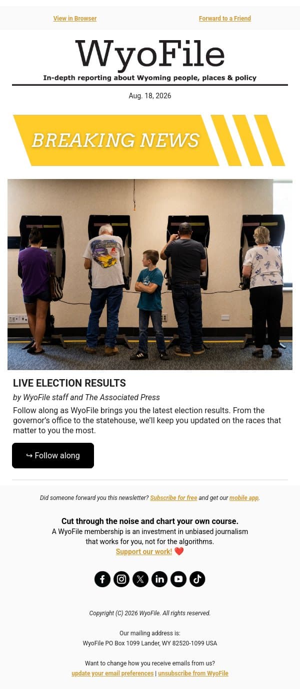 Live election results for Wyoming email from WyoFile screenshot