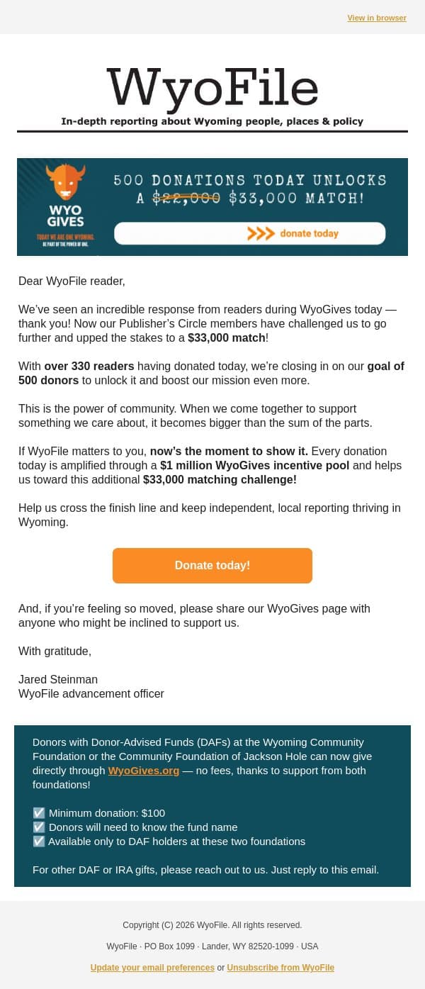 Another bonus match to help us finish strong! email from WyoFile screenshot