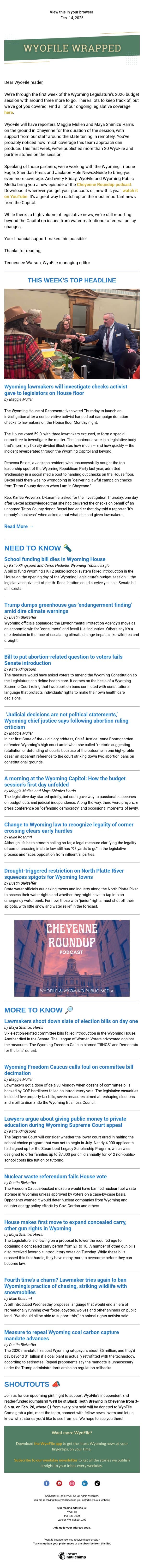 Wrapped — Campaign check controversy | Legislative week one | Water restrictions email from WyoFile screenshot