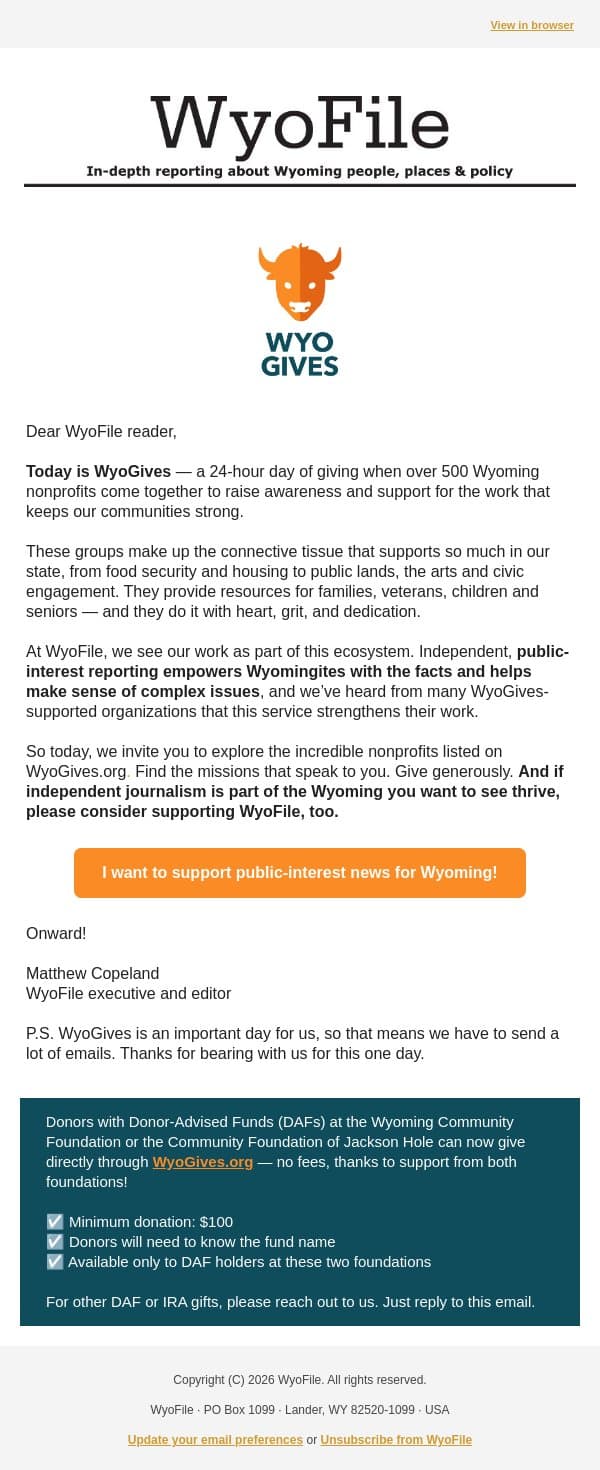 Donate During WyoGives Today! email from WyoFile screenshot