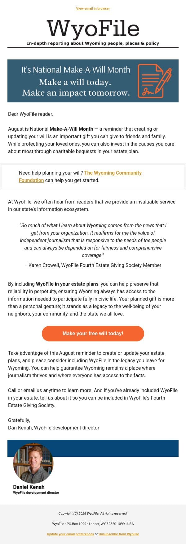 Can Always Be Depended On… email from WyoFile screenshot