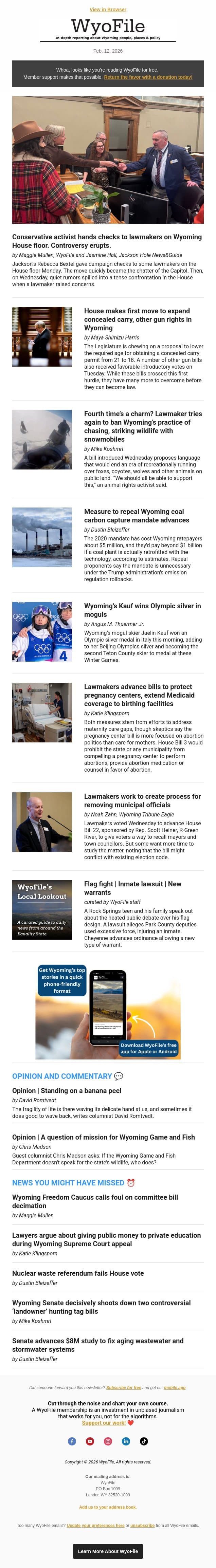 Campaign check controversy | Gun bills | Striking wildlife restrictions | Wyomingite scores silver | Maternal health email from WyoFile screenshot