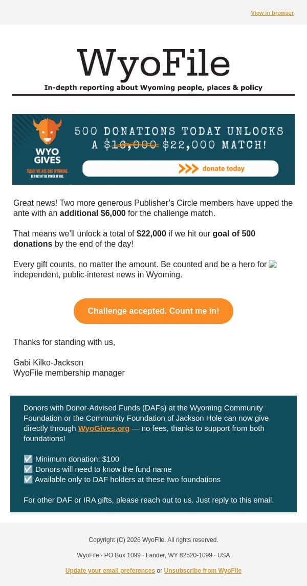 THIS JUST IN: We’ve Upped the Ante! email from WyoFile screenshot