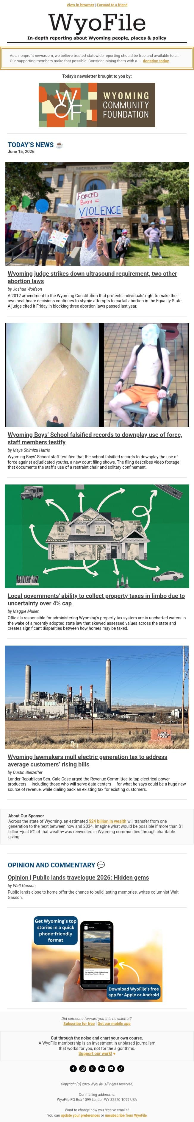 Judge strikes down abortion laws | Use of force at Boys’ School | Property tax in limbo email from WyoFile screenshot