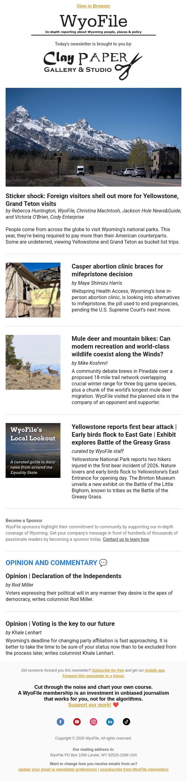 National park sticker shock | Abortion pill pivot | Mountain bikes and mule deer email from WyoFile screenshot