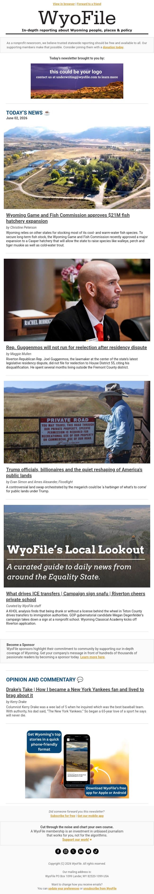 Fish hatchery expansion | Guggenmos taps out | Public lands under Trump email from WyoFile screenshot