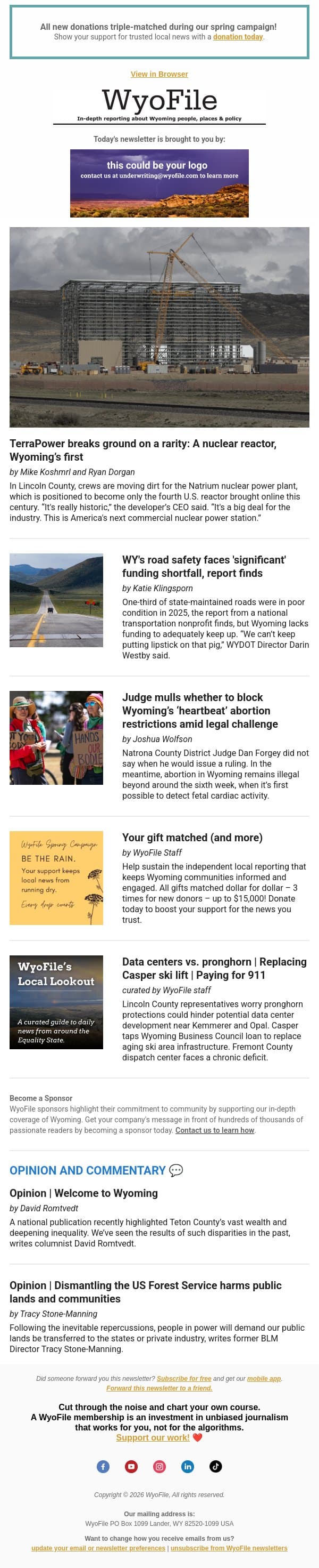 Nuclear plant construction | Road funding shortfall | Heartbeat ban hearing email from WyoFile screenshot