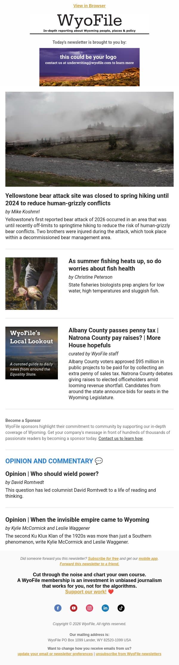 Bear attack and past closures | Summer fishing worries | More House hopefuls email from WyoFile screenshot