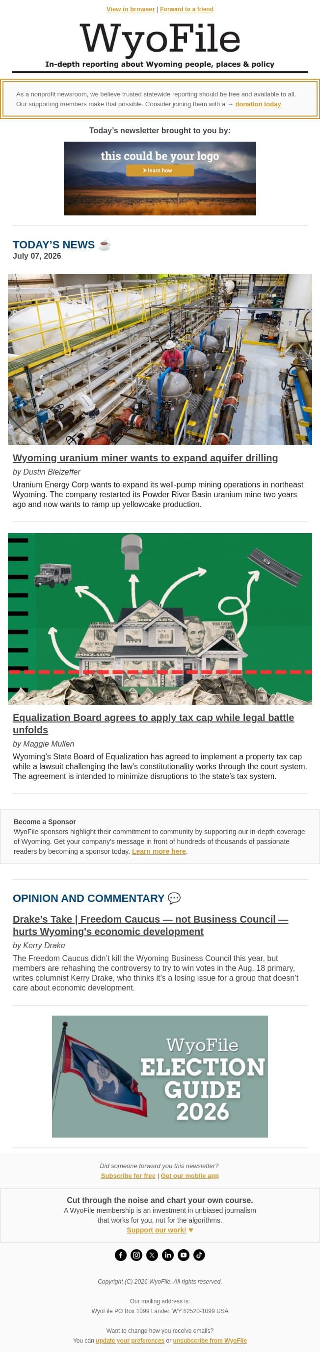 Uranium mine expansion | Property tax cap | Drake’s Take email from WyoFile screenshot
