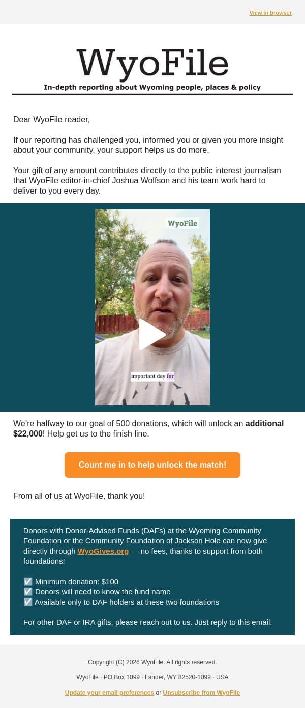 A short message from editor-in-chief Joshua Wolfson email from WyoFile screenshot
