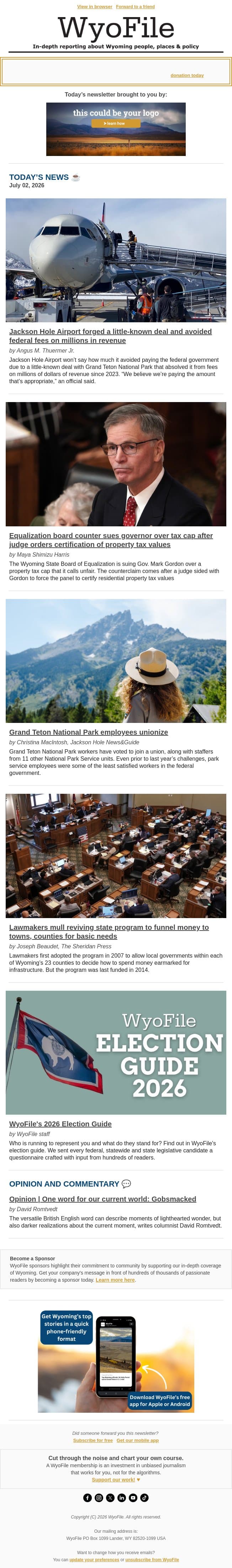 JH Airport avoids fed fees | Property tax lawsuit | 2026 Election Guide email from WyoFile screenshot